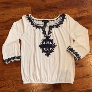 INC White and Navy Bejeweled Peasant Top Size XS